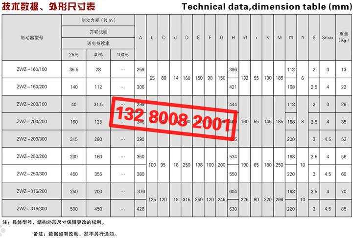 ZWZ3系列直流電磁鼓式制動器技術(shù)數(shù)據(jù)、外形尺寸表